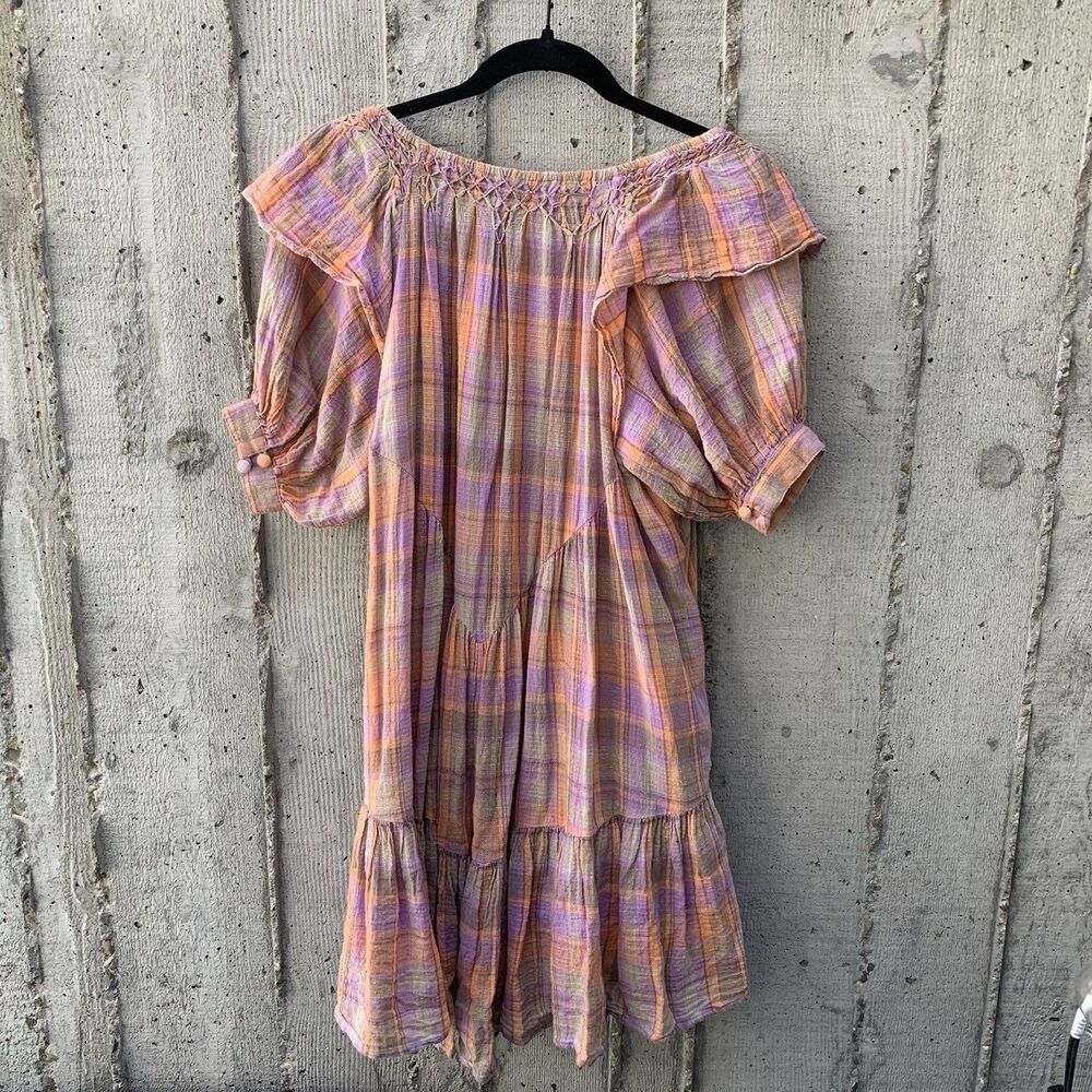 Free People Amelie Mini Dress Tiered Gauzy Plaid Picnic Prairie Western Boho XS - Picture 3 of 12